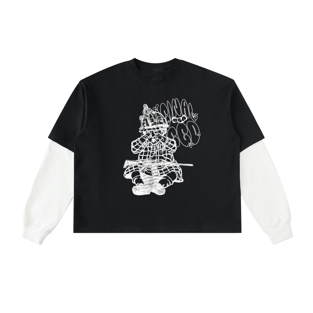 CHILD SOLDIER Layered Contrast Sleeve Cotton T-Shirt