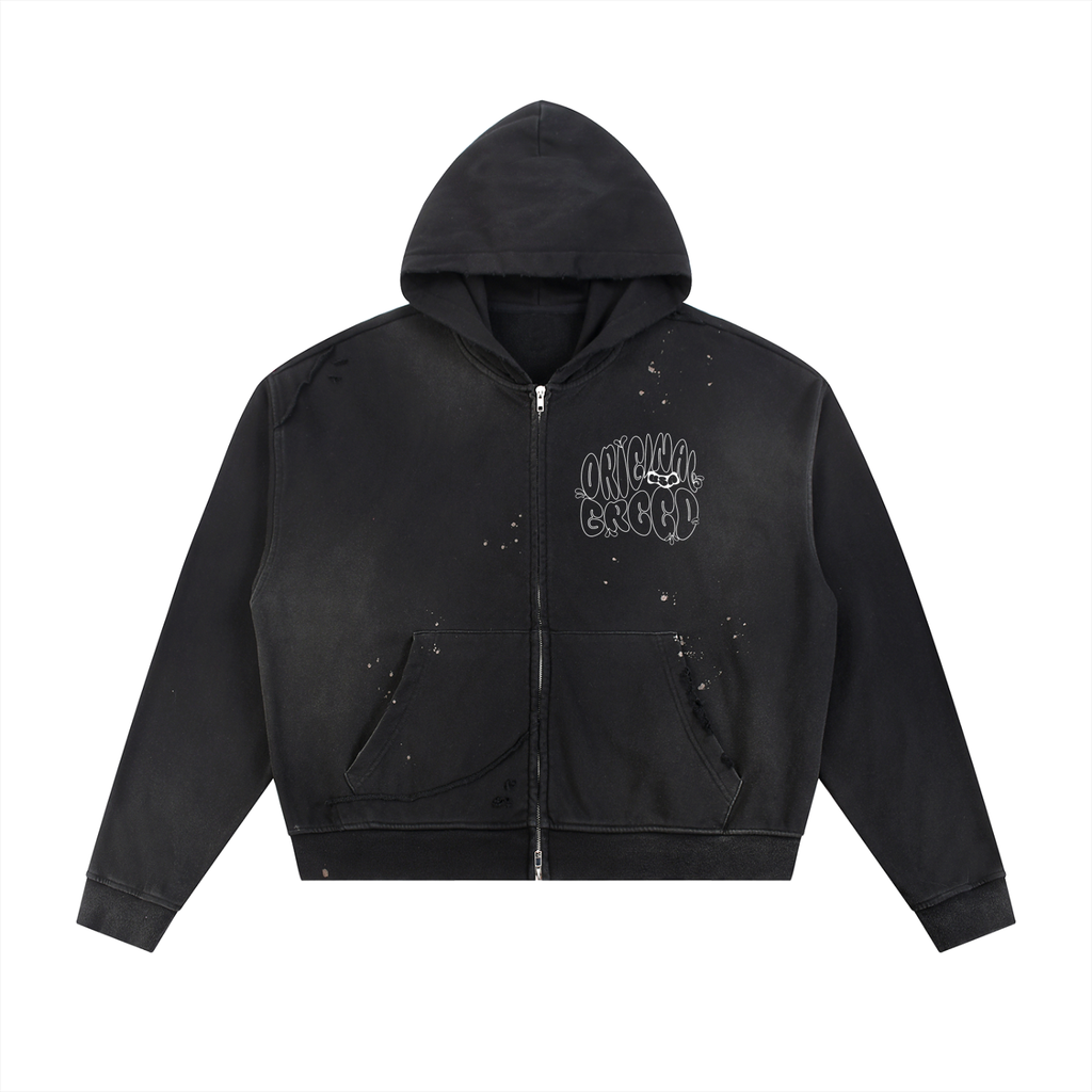 Grafitti Sun Faded Frayed Raw Edge Fleece Zip Hoodie